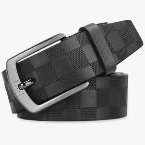 Men's Black Checkered Leather Belt With Buckle